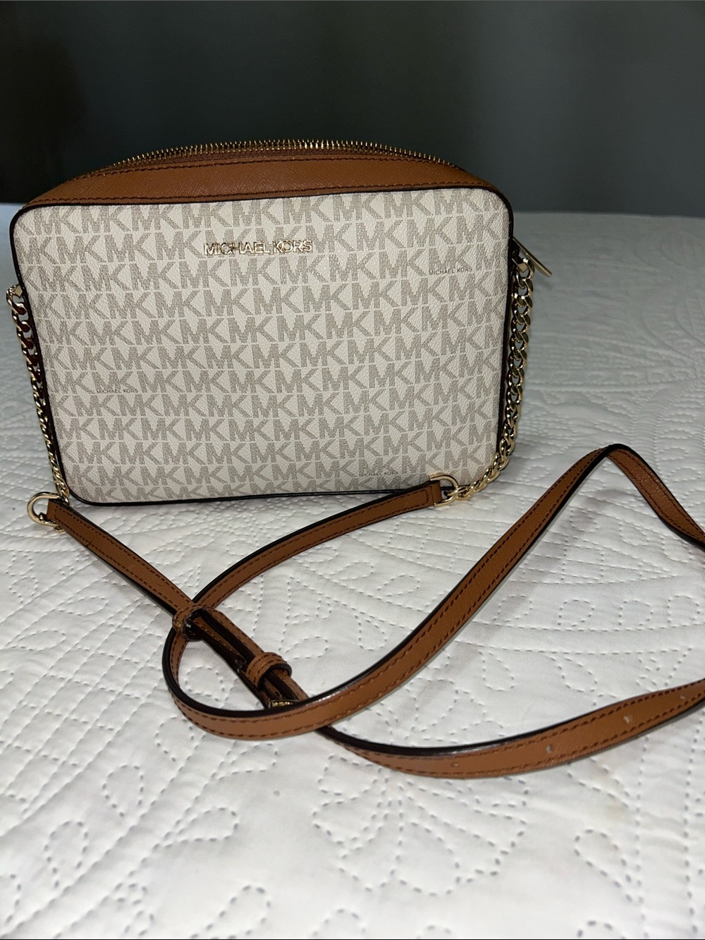 Michael Kors Beige Signature MK Crossbody with Brown Trim